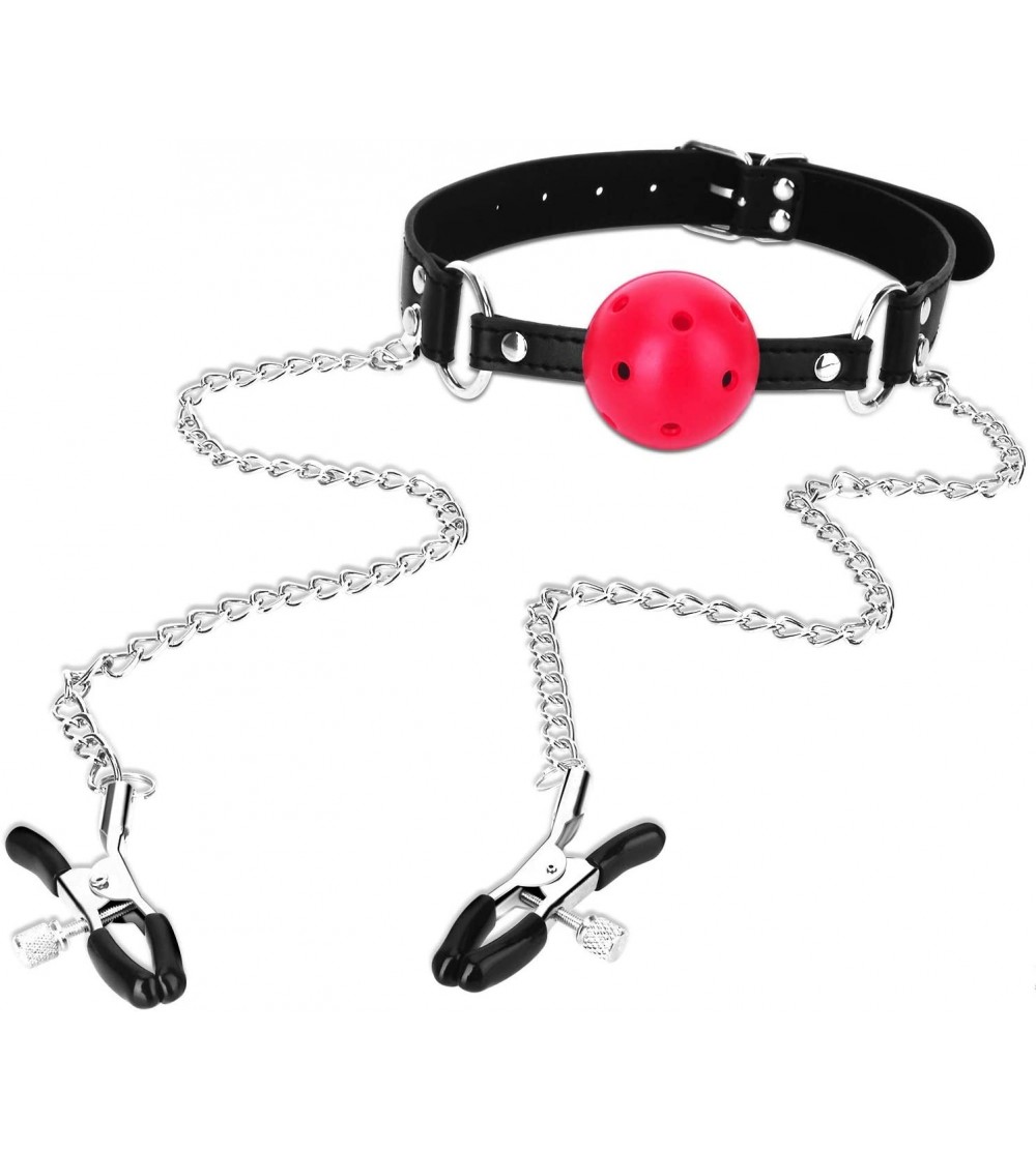 Gags & Muzzles Ball Gag with Nipple Clamps - Breathable Ball Gag with Adjustable Nipple Clips- Leather Strap Fantasy SM Nippl...