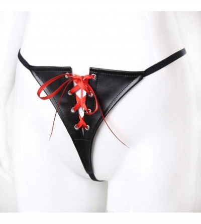 Restraints Sexy G-String Thong Panties Women Underwear Bikini Brief Panties Bow T-Shaped Leather Panties Black- Large - C418W...