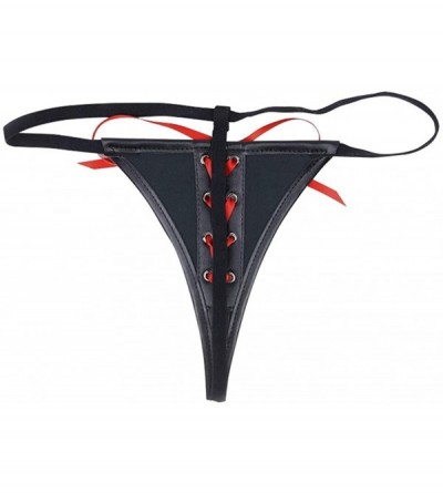 Restraints Sexy G-String Thong Panties Women Underwear Bikini Brief Panties Bow T-Shaped Leather Panties Black- Large - C418W...