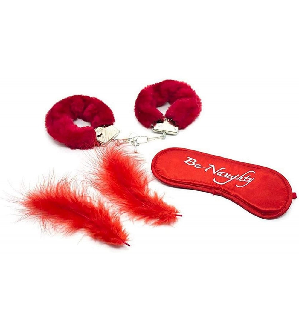 Blindfolds Couples Role Play-Fluffy Handcuffs With Blindfold Feathers Sex Products - Red - C719CLIZU4Z $14.96