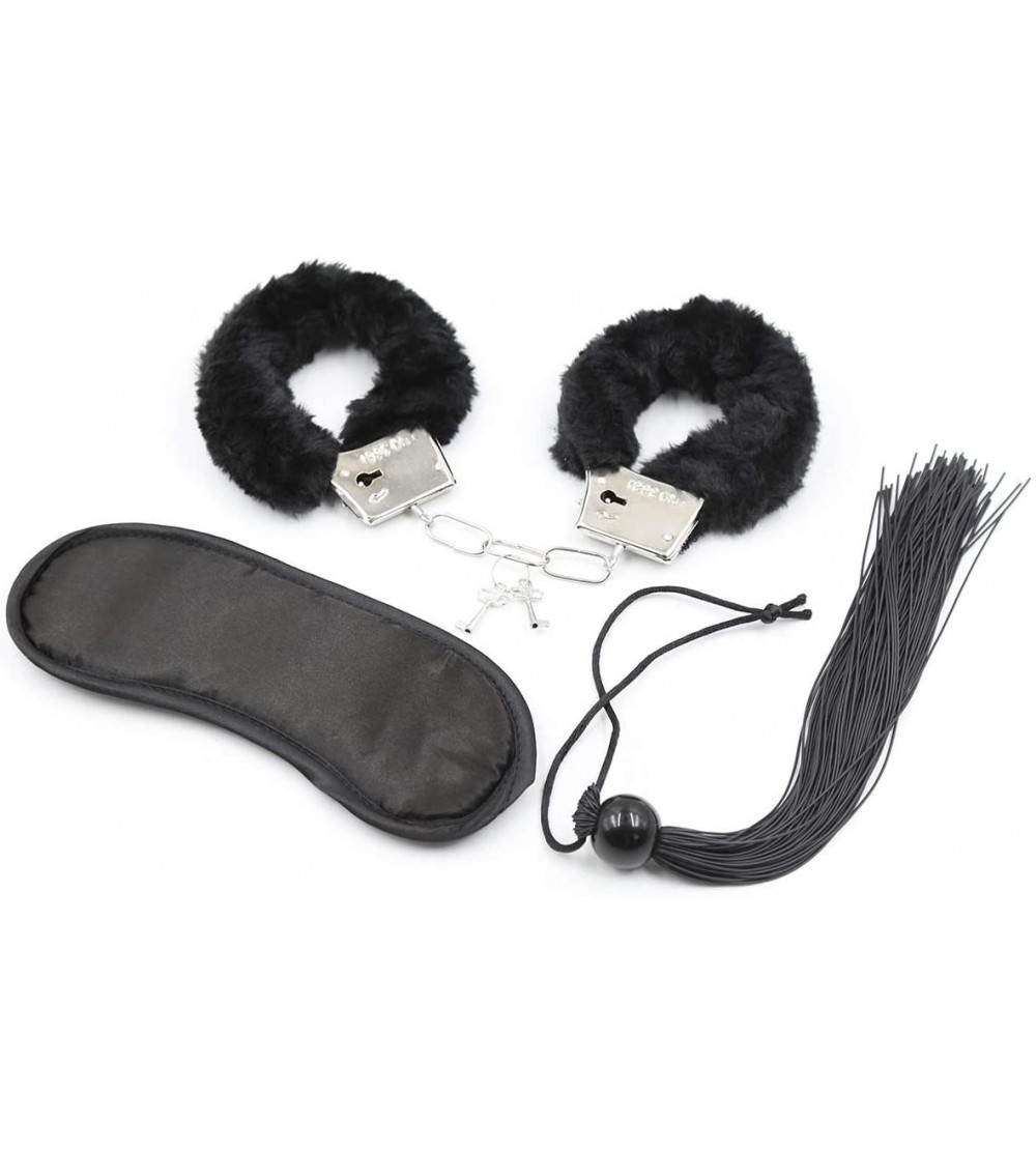Restraints Erotic Supplies Suit Handcuffs Whip Blindfold Three Piece Black Silicone-Black - Black - CC199N3ME33 $17.02