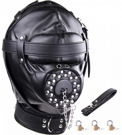 Gags & Muzzles Leather Bondage Mask Full Face Mask Mouth Gag Mask Fetish Adults BDSM Sex Toy (Black(Padlock3 & Pulling Rope1)...