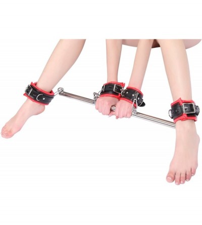 Restraints Bondage Leather Wrist Cuffs Ankle Cuffs Kit with Adjustable Stainless Steel Metal Spreader Bar for Women-red&Black...