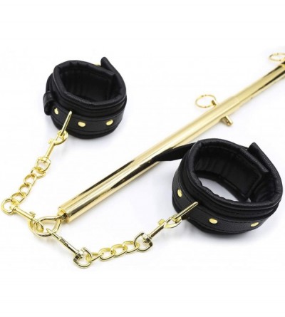 Restraints Sex Leather Wrist Cuffs Ankle Cuffs Kit with Adjustable Stainless Steel Metal Spreader Bar for Women - Golden - CI...