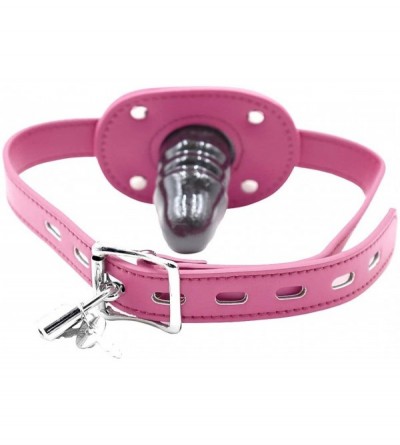 Gags & Muzzles Lockable Dildo Mouth Gag Bondage Adjustable Leather Strap On with Lock SM Realistic Penis Gag - Pink - C018Y46...