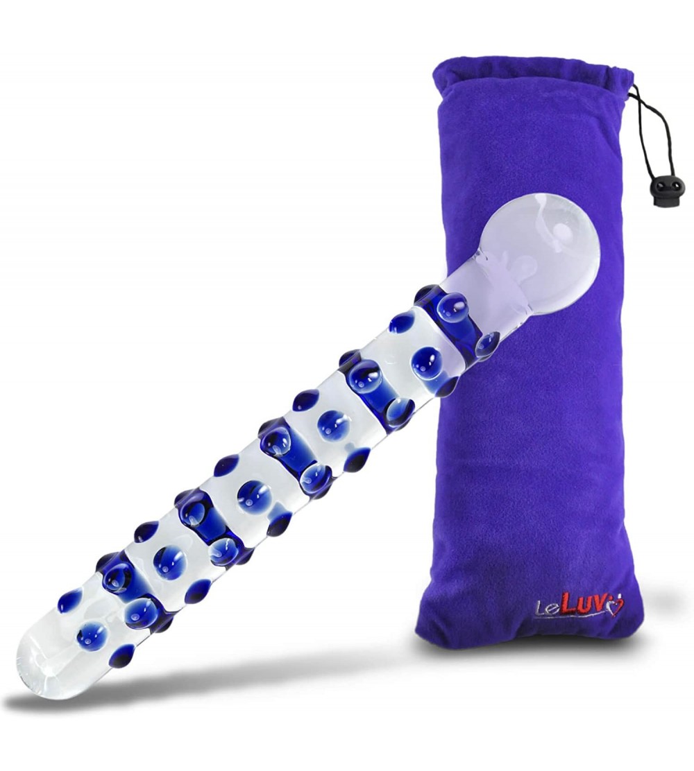 Dildos Dildo 8 inch Bumpy Glass Wand Beaded Tip Blue Bundle with Premium Padded Pouch - Blue - C211F8GN3OD $17.32