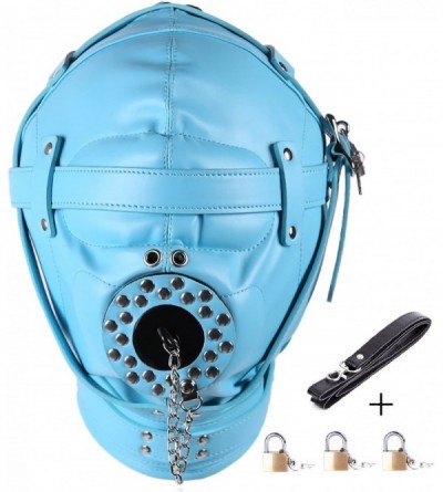 Gags & Muzzles Leather Bondage Mask Full Face Mask Mouth Gag Mask Fetish Adults BDSM Sex Toy - Sky Blue(padlock3 & Pulling Ro...