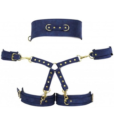 Restraints 4 in 1 Erotic Faux Leather Body Harness Waist Cage Handcuffs SM Bondage Sex Toys - Blue - CX19E4IQLTR $61.54