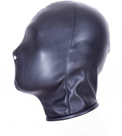 Blindfolds BDSM Leather Hood Restraint Head Mask Full Face Hood Nose Holes Bondage Mask Fetish Sex Locking Mask - Black - C71...