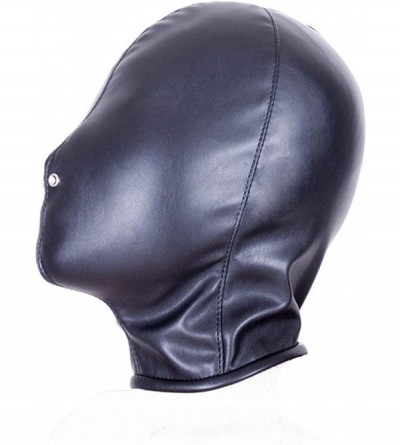 Blindfolds BDSM Leather Hood Restraint Head Mask Full Face Hood Nose Holes Bondage Mask Fetish Sex Locking Mask - Black - C71...