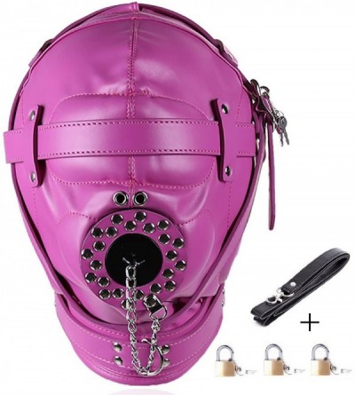 Gags & Muzzles Leather Bondage Mask Full Face Mask Mouth Gag Mask Fetish Adults BDSM Sex Toy - Pink(padlock3 & Pulling Rope1)...