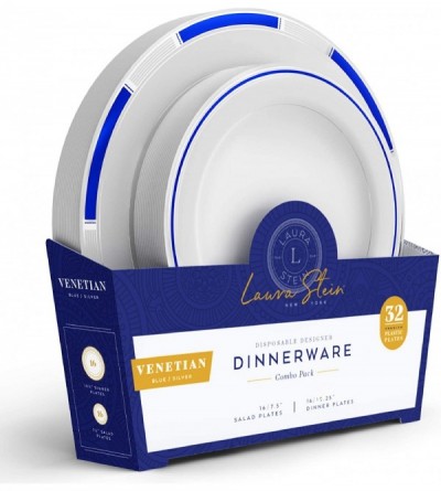 Anal Sex Toys Designer Dinnerware Set - 32 Disposable Plastic Party Plates - Plates with Blue Rim & Silver Accents - Includes...