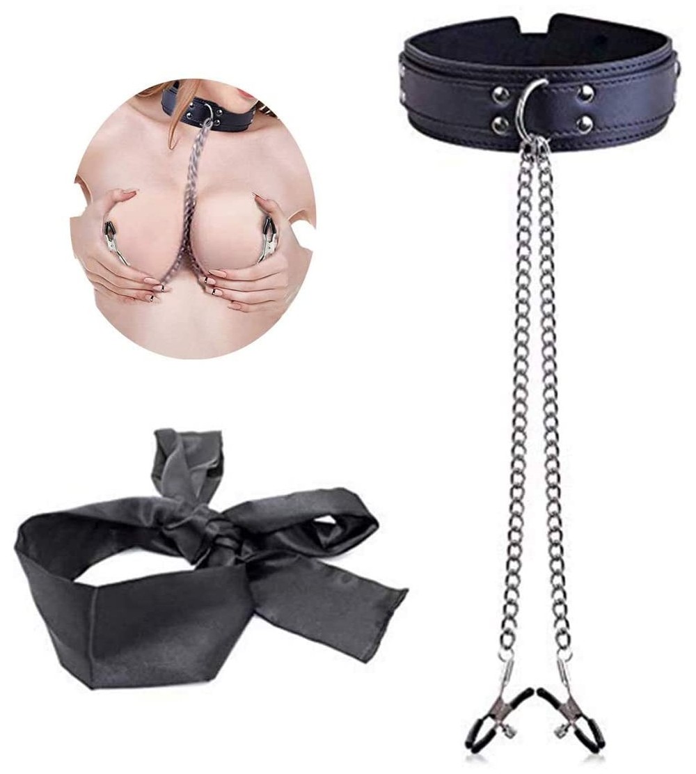 Restraints Nipple Clamps Collar Restraint BDSM Sex Toy Blindfold SM Play Clips Eye Mask Bondage Restraint Set for Women Adult...