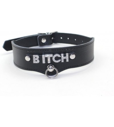 Restraints Genuine Wide Leather Collar with Diamond Decorating Word (Bitch) - Bitch - CK12HCAV75D $38.48