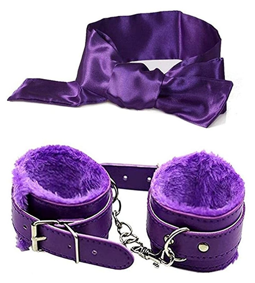Blindfolds PU Furry Fuzzy Handcuffs and Satin Blindfold Eye Mask Set for Women - Purple - C618QALRQAW $12.16