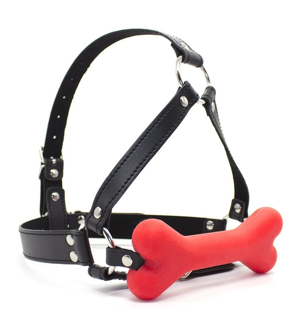 Gags & Muzzles Bondage Leather Head Harness Silicone Open Dog Bone Mouth Gag(Red) - Red - CQ12BDZXN7T $9.85