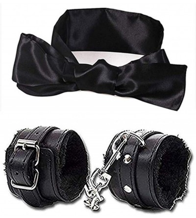 Blindfolds PU Furry Fuzzy Handcuffs and Satin Blindfold Eye Mask Set for Women - Black - CJ18QX5HQM9 $22.31