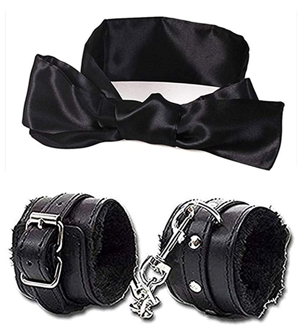 Blindfolds PU Furry Fuzzy Handcuffs and Satin Blindfold Eye Mask Set for Women - Black - CJ18QX5HQM9 $12.22