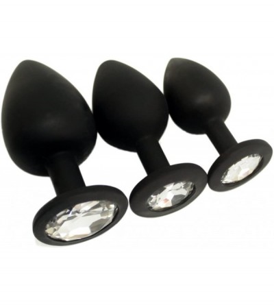 Anal Sex Toys Elite 3PCS Silicone Jeweled Anal Butt Plugs Anal Trainer Set- Black Sil with Clear Gem - CM12BDV852B $23.59