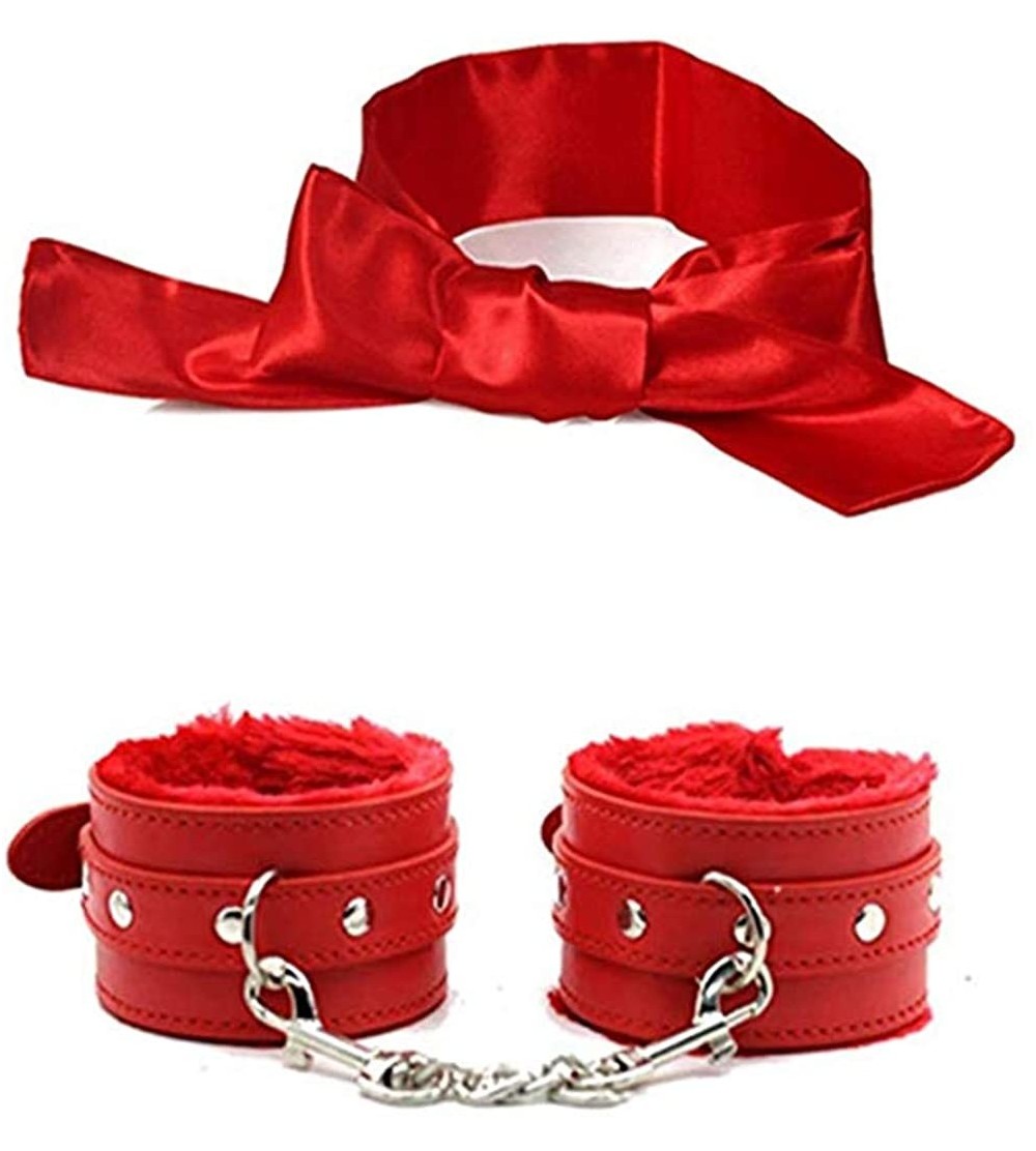 Blindfolds PU Furry Fuzzy Handcuffs and Satin Blindfold Eye Mask Set for Women - Red - CS18QX5WQ78 $8.46