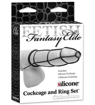 Penis Rings Elite Cock Cage & Ring Set- Black - Black - C11105WM4VN $8.24