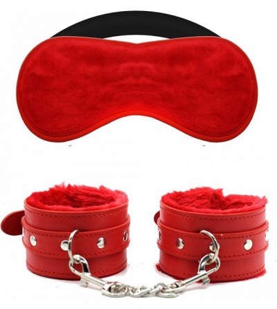 Restraints Soft Fur Leather Handcuffs- Velvet Cloth Blindfold Eye Mask for Sex Play - Red - CN18EW2XGKN $27.22
