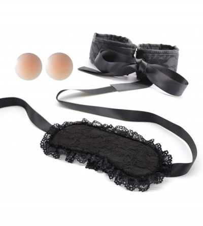 Blindfolds Lace Eye Cover Blindfold and Handcuffs Set for Women- Black with Silicone Nipple Covers - Black With N - C518NI24A...