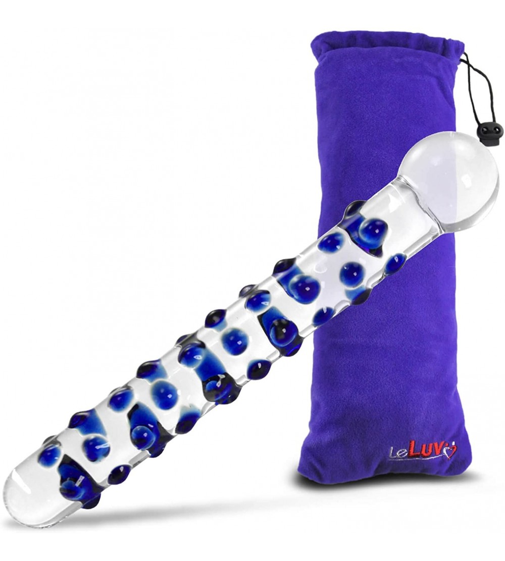Dildos Glass Dildo Nubby Blue Pearls Round Head Slim 8 inch Bundle with Premium Padded Pouch - Blue - CY11F8GO59P $16.98