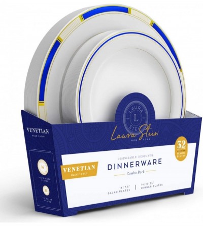 Anal Sex Toys Designer Dinnerware Set - 32 Disposable Plastic Party Plates - Plates with Blue Rim & Gold Accents - Includes 1...