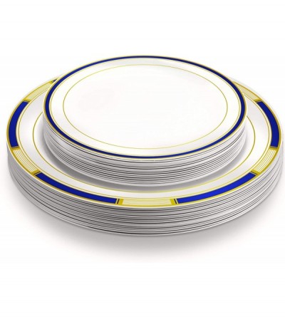 Anal Sex Toys Designer Dinnerware Set - 32 Disposable Plastic Party Plates - Plates with Blue Rim & Gold Accents - Includes 1...