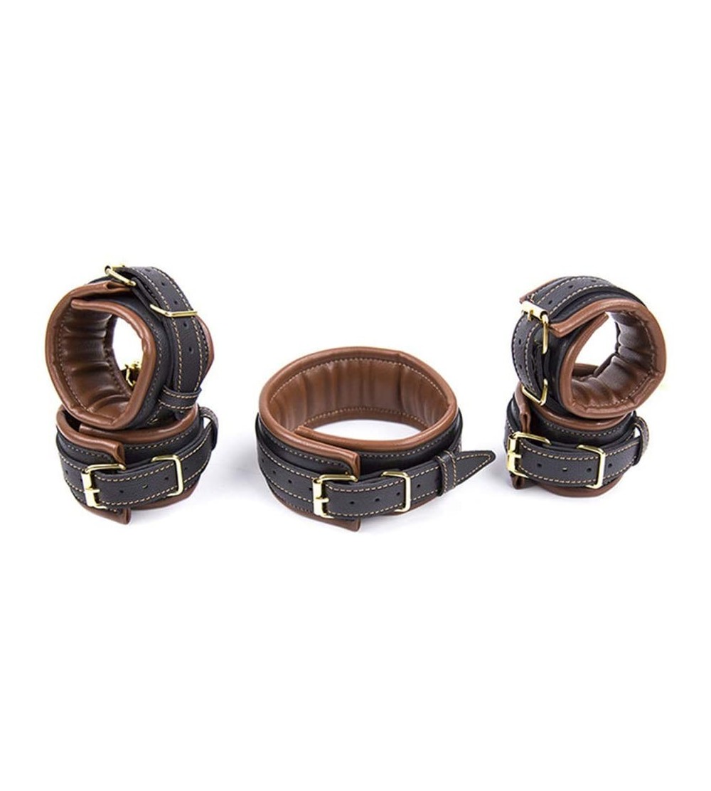 Restraints PU Leather B+D+S-M Wrist Neck Hand and Legs C-ǖ`f`f-s Bo`ndà-gé Role Play Toys (Brown) - Brown - CP18WCD460Q $32.90