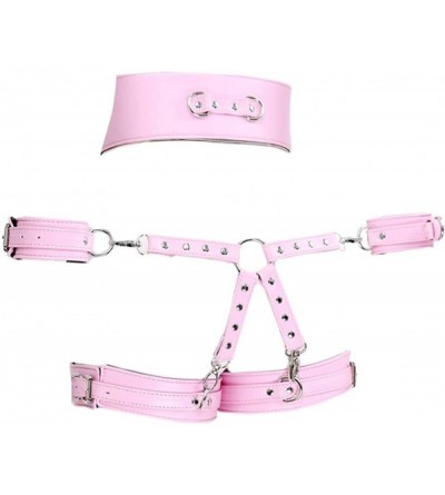 Restraints 4 in 1 Erotic Faux Leather Body Harness Waist Cage Handcuffs SM Bondage Sex Toys - Pink - CF19E47AM8I $62.97