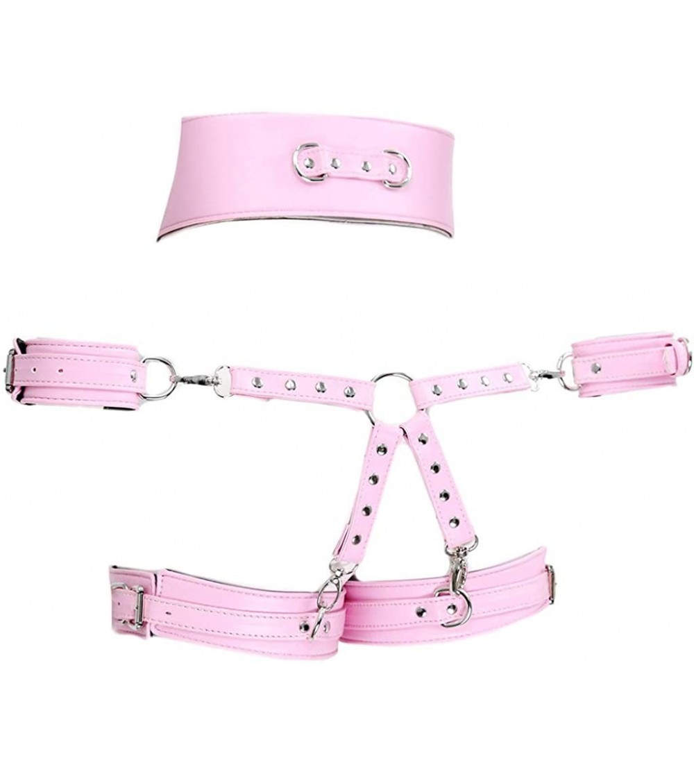 Restraints 4 in 1 Erotic Faux Leather Body Harness Waist Cage Handcuffs SM Bondage Sex Toys - Pink - CF19E47AM8I $24.53