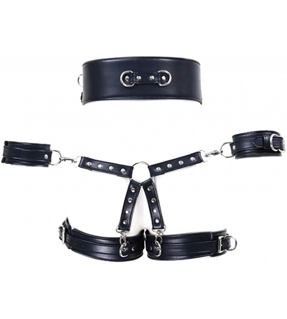 Restraints 4 in 1 Erotic Faux Leather Body Harness Waist Cage Handcuffs SM Bondage Sex Toys - Dark Blue - C719E47SNI3 $26.78