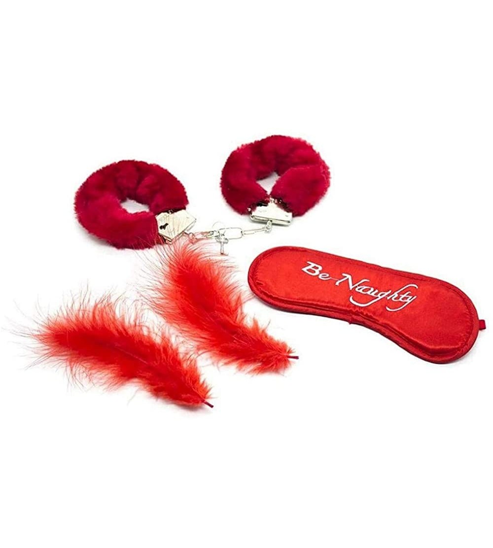 Blindfolds Couples Role Play-Fluffy Handcuffs With Blindfold Feathers Sex Products - Red - C019CLOAR8E $17.92