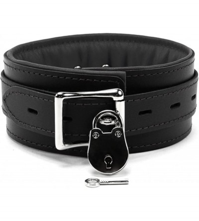 Restraints Melanie Lockable Collar Premium Latigo Leather Handmade - Black - CE18SC5GM5L $83.11
