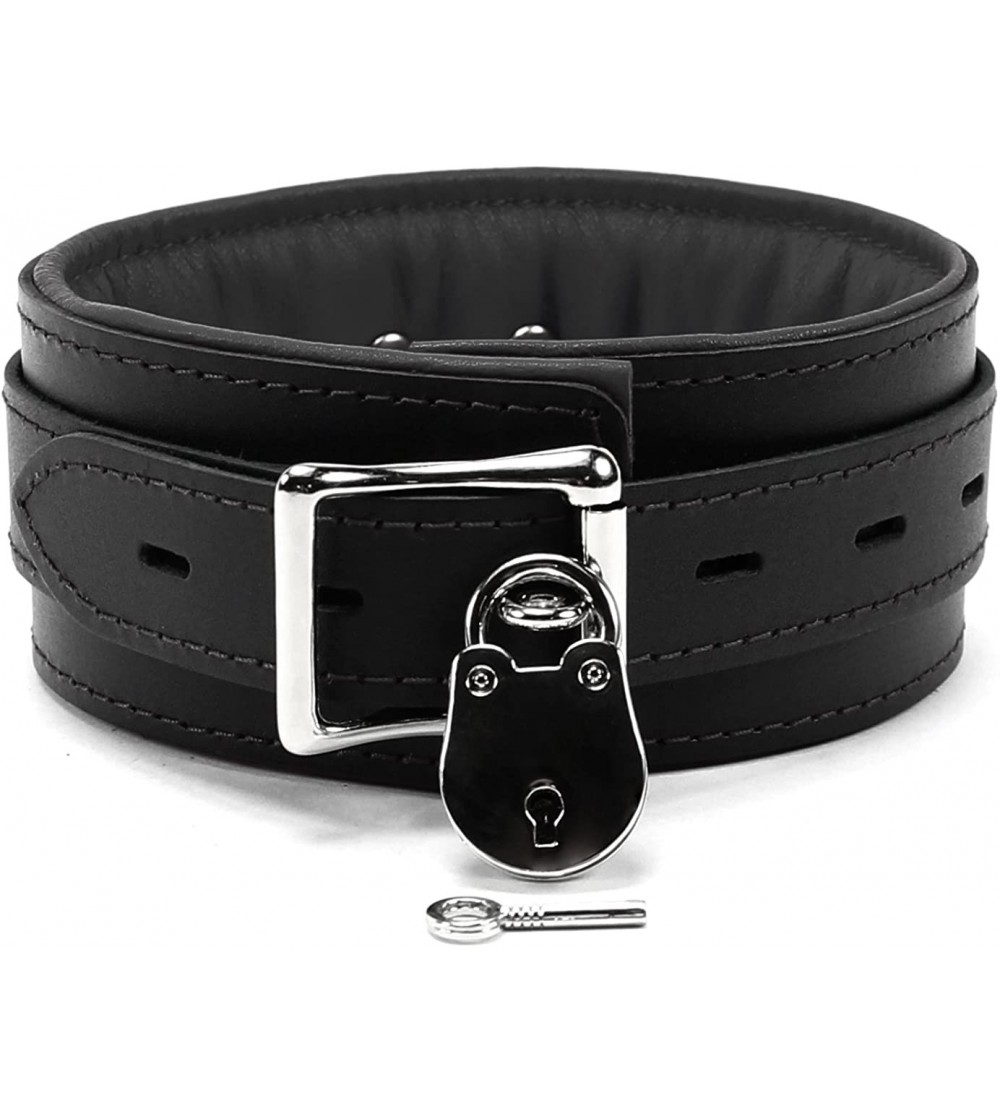 Restraints Melanie Lockable Collar Premium Latigo Leather Handmade - Black - CE18SC5GM5L $39.37