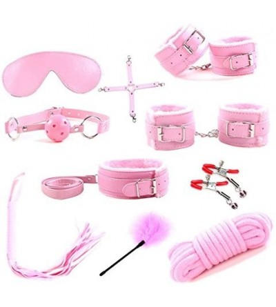 Restraints 10 Pcs Hands and Ankles Cuffs Premium PU Leather Adjustable Bed Collections Kits for Party Cosplay Sets with(Pink)...
