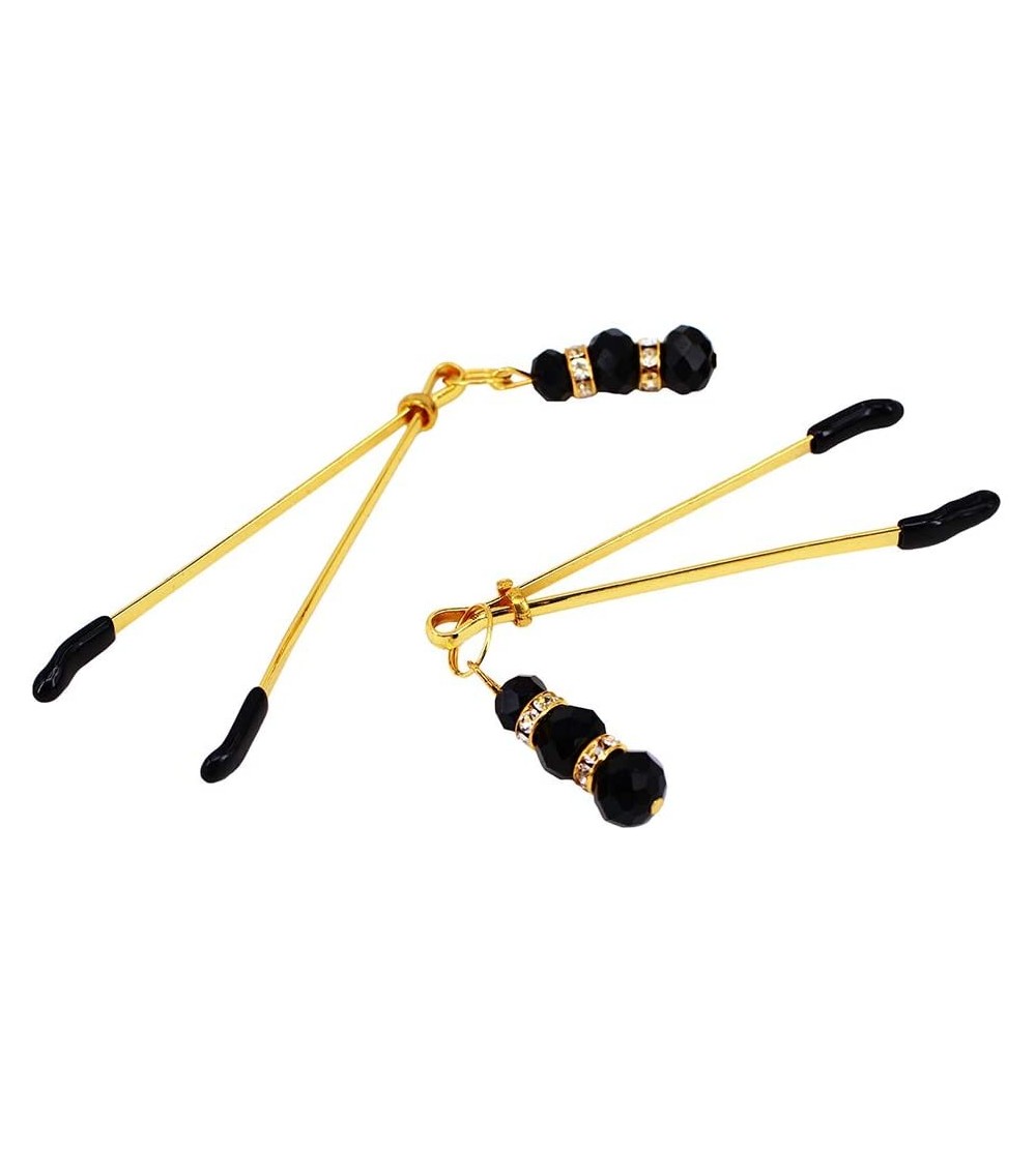 Nipple Toys Elite Nipple Clamps- Gold Color with Black Pendant - CK18R8W0IXA $11.57