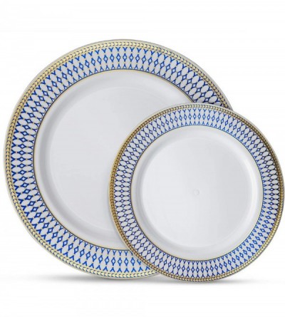 Anal Sex Toys Designer Dinnerware Set of 32 Premium Plastic Wedding/Party Plates White- Blue Rim- Gold Accents. Set Includes ...