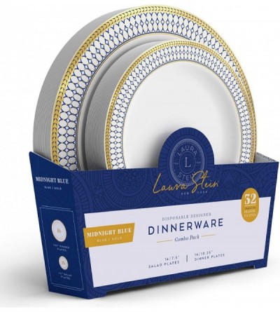 Anal Sex Toys Designer Dinnerware Set of 32 Premium Plastic Wedding/Party Plates White- Blue Rim- Gold Accents. Set Includes ...