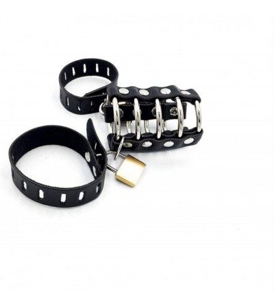Chastity Devices Penis Chastity Lock Ring SM Bondage Adult Sex Toys- Stainless Steel Ring + PU Leather Testicular Support - W...