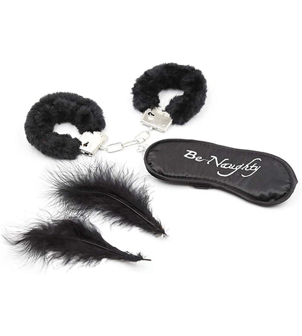 Blindfolds Couples Role Play-Fluffy Handcuffs With Blindfold Feathers Black Medium Combination Adjustable - Black - CC19HQG87...
