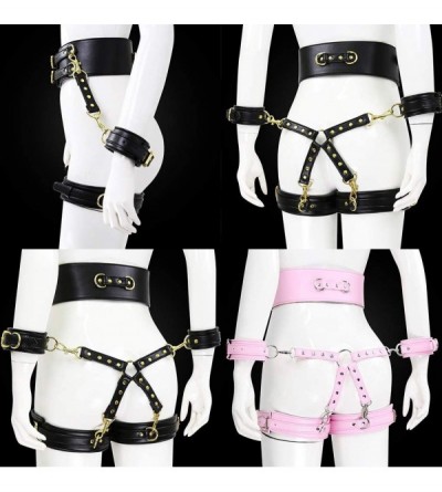 Restraints 4 in 1 Erotic Faux Leather Body Harness Waist Cage Handcuffs SM Bondage Sex Toys - Brown - CR19E4R9UTN $60.80