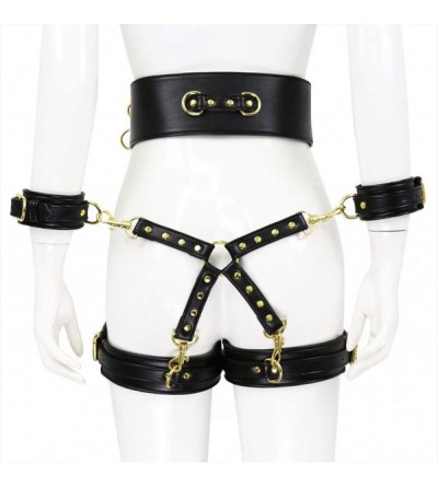 Restraints 4 in 1 Erotic Faux Leather Body Harness Waist Cage Handcuffs SM Bondage Sex Toys - Brown - CR19E4R9UTN $60.80