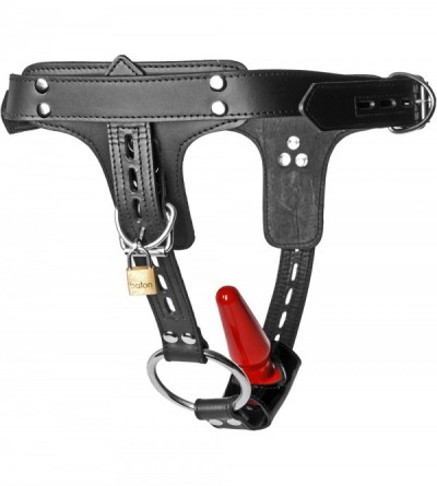 Penis Rings Premium Locking Leather Cock Ring and Butt Plug Harness - CJ11XWEU97R $114.61