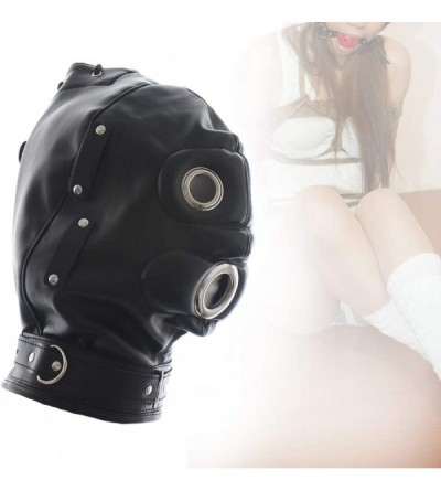Gags & Muzzles Black Leather Bondage Mask Hood-Full Face Blinder Detachable Cover Eye Dildo Mouth Gag Head Hood- for Unisex A...