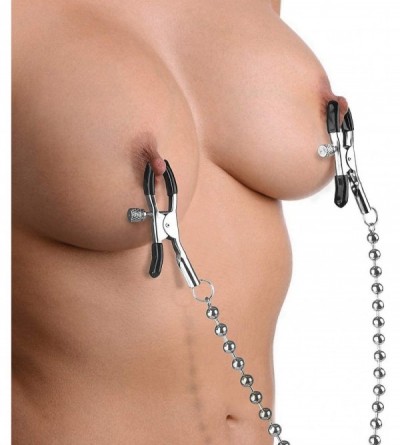 Nipple Toys Adjustable Nipple Clamps - Silver Beaded Nipple Clamps with Link Chain- Soft Rubber Metal Nipple Clamps Fetish Ni...