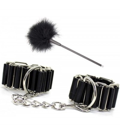 Paddles, Whips & Ticklers Leather Handcuffs with Long Feather Tickler Paddle Cosplay Women - Black3 - CJ1992GU0UC $44.62