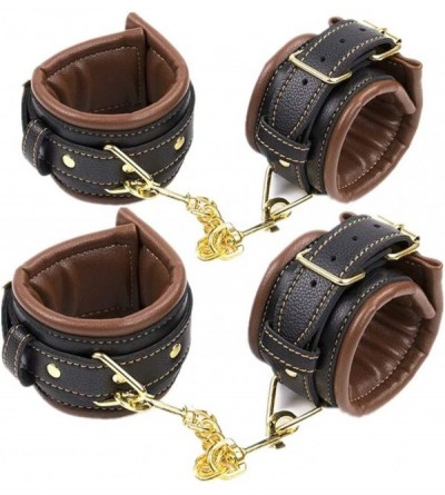 Restraints Soft Comfortable Leather Handcuffs Set with Adjustable Wrist Cuffs + Ankle Cuffs - Brown - CY18Z5RHDX0 $42.70